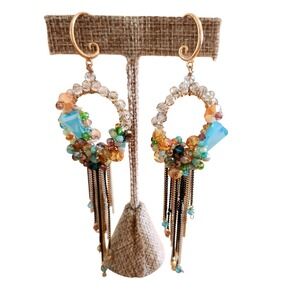 Bohemian Hand Beaded Hoop Earrings with Tassel‎ Chains Crystal Accents